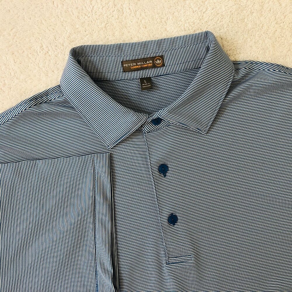 Peter Millar Summer Comfort Blue Striped Polo Golf Shirt Men's Size Large